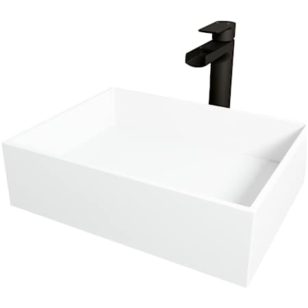 Vigo Montauk 17" Rectangular Stone Composite Vessel Bathroom Sink with 1.2 GPM Waterfall 11" H Deck Mounted Bathroom Faucet and Pop-Up Drain Assembly Matte Black