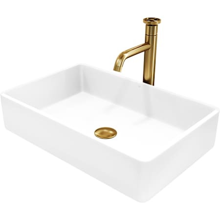 Vigo Magnolia 21" Rectangular Stone Composite Vessel Bathroom Sink with 1.2 GPM 12" Deck Mounted Bathroom Faucet and Pop-Up Drain Assembly Matte Brushed Gold