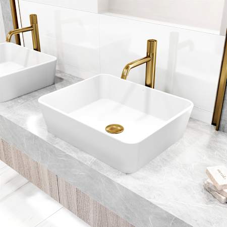 Vigo Marigold 18" Rectangular Stone Composite Vessel Bathroom Sink with 1.2 GPM 12" Deck Mounted Bathroom Faucet and Pop-Up Drain Assembly Matte Brushed Gold
