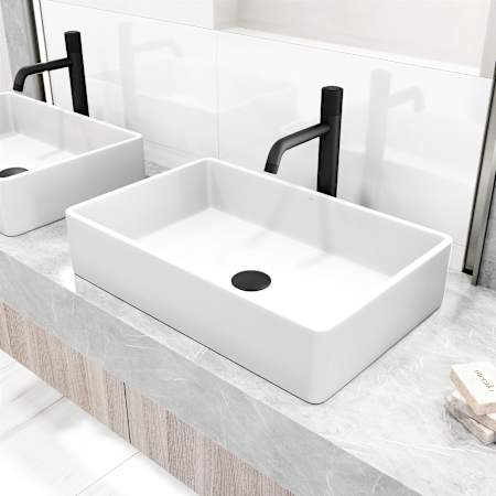 Vigo Magnolia 21" Rectangular Stone Composite Vessel Bathroom Sink with 1.2 GPM 12" Deck Mounted Bathroom Faucet and Pop-Up Drain Assembly Matte Black