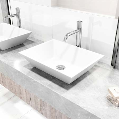 Vigo Vinca 18" Rectangular Stone Composite Vessel Bathroom Sink with 1.2 GPM 12" Deck Mounted Bathroom Faucet and Pop-Up Drain Assembly Chrome