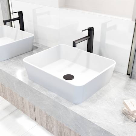 Vigo Matte Stone Marigold Composite Rectangular Vessel Bathroom Sink with Faucet and Pop-Up Drain Matte Black