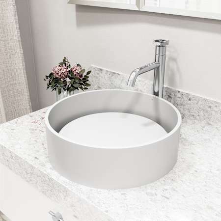 Vigo Anvil 16" Circular Stone Composite Vessel Bathroom Sink with 1.2 GPM 12" Deck Mounted Bathroom Faucet and Pop-Up Drain Assembly Chrome