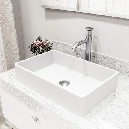 Vigo Matte Stone Magnolia Composite Rectangular Vessel Bathroom Sink with Faucet and Pop-Up Drain Brushed Nickel