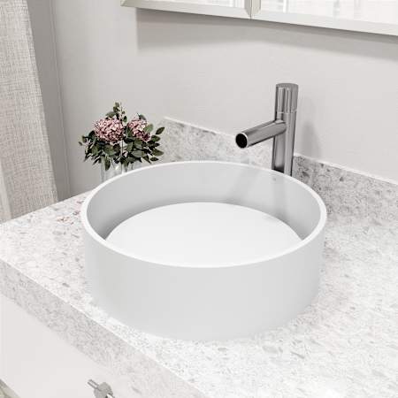 Vigo Anvil 16" Circular Stone Composite Vessel Bathroom Sink with 1.2 GPM 12" Deck Mounted Bathroom Faucet and Pop-Up Drain Assembly Brushed Nickel