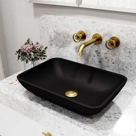 Vigo Matte Shell Sottile Glass Rectangular Vessel Bathroom Sink with Wall-Mount Faucet and Drain Matte Brushed Gold