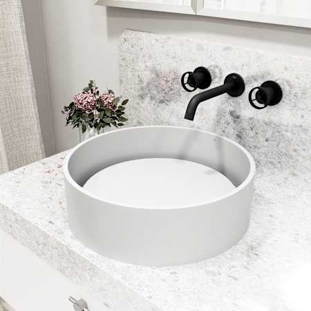 Vigo Anvil 16" Circular Stone Composite Vessel Bathroom Sink with 1.2 GPM 3" Wall Mounted Bathroom Faucet and Pop-Up Drain Assembly Matte Black
