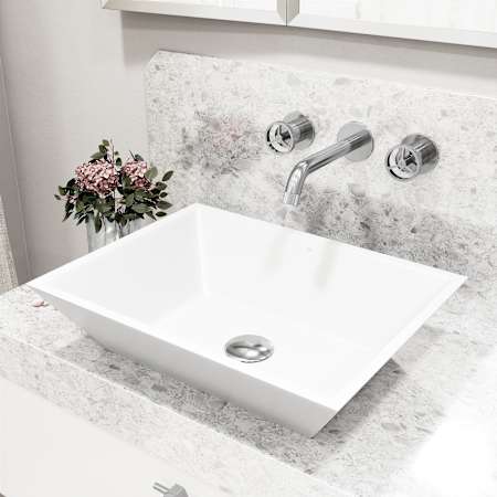Vigo Vinca 18" Rectangular Stone Composite Vessel Bathroom Sink with 1.2 GPM 3" Wall Mounted Bathroom Faucet and Pop-Up Drain Assembly Chrome