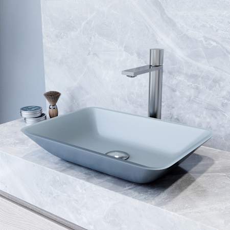 Vigo Sottile 18" Rectangular Glass Vessel Bathroom Sink with 1.2 GPM 12" Deck Mounted Bathroom Faucet and Pop-Up Drain Assembly Brushed Nickel
