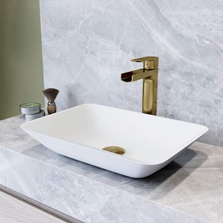 Vigo Sottile 18" Rectangular Glass Vessel Bathroom Sink with 1.2 GPM Waterfall 11" H Deck Mounted Bathroom Faucet and Pop-Up Drain Assembly Matte Brushed Gold
