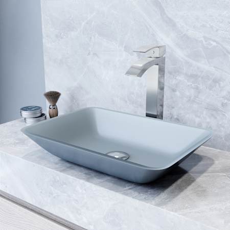 Vigo Sottile 18" Rectangular Glass Vessel Bathroom Sink with 1.2 GPM 12" Deck Mounted Bathroom Faucet and Pop-Up Drain Assembly Chrome