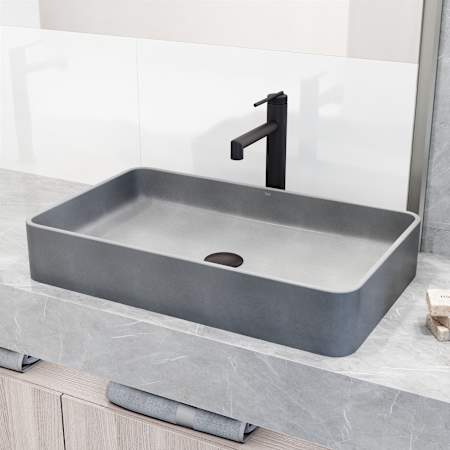 Vigo Basilica Gothic 23" Rectangular Concrete Vessel Bathroom Sink with 1.2 GPM 11" Deck Mounted Bathroom Faucet and Pop-Up Drain Assembly Matte Black