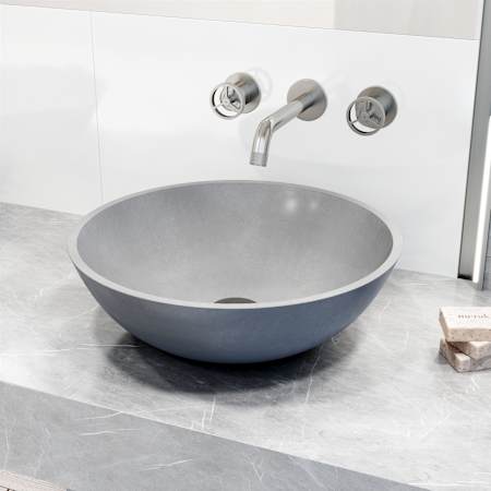 Vigo Ravenna Gothic 16" Circular Concrete Vessel Bathroom Sink with 1.2 GPM 3" Wall Mounted Bathroom Faucet and Pop-Up Drain Assembly Brushed Nickel