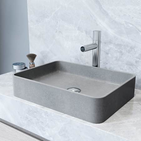 Vigo Tarragona Gothic 19" Rectangular Concrete Vessel Bathroom Sink with 1.2 GPM 11" Deck Mounted Bathroom Faucet and Pop-Up Drain Assembly Chrome
