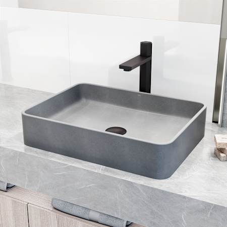 Vigo Tarragona Gothic 19" Rectangular Concrete Vessel Bathroom Sink with 1.2 GPM 11" Deck Mounted Bathroom Faucet and Pop-Up Drain Assembly Matte Black