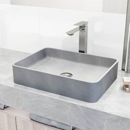 Vigo Tarragona Gothic 19" Rectangular Concrete Vessel Bathroom Sink with 1.2 GPM 11" Deck Mounted Bathroom Faucet and Pop-Up Drain Assembly Brushed Nickel