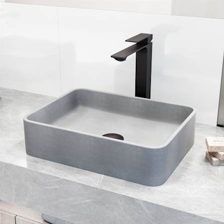 Vigo Segovia Gothic 16" Rectangular Concrete Vessel Bathroom Sink with 1.2 GPM 11" Deck Mounted Bathroom Faucet and Pop-Up Drain Assembly Matte Black
