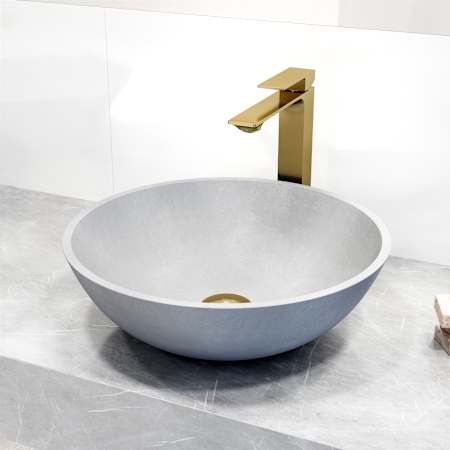 Vigo Ravenna Gothic 16" Circular Concrete Vessel Bathroom Sink with 1.2 GPM 11" Deck Mounted Bathroom Faucet and Pop-Up Drain Assembly Matte Brushed Gold