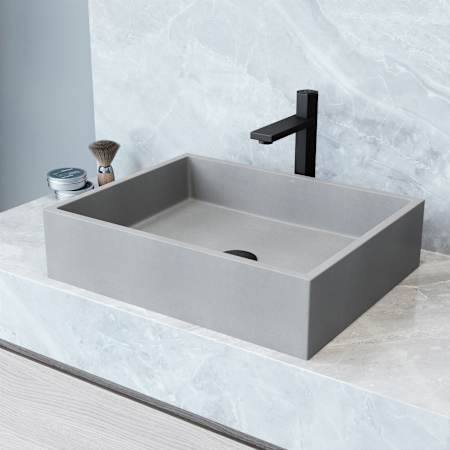 Vigo Coca Gothic 19" Rectangular Concrete Vessel Bathroom Sink with 1.2 GPM 11" Deck Mounted Bathroom Faucet and Pop-Up Drain Assembly Matte Black