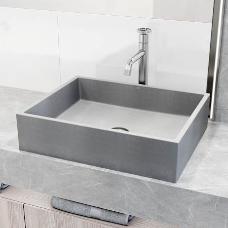 Vigo Coca Gothic 19" Rectangular Concrete Vessel Bathroom Sink with 1.2 GPM 12" Deck Mounted Bathroom Faucet and Pop-Up Drain Assembly Brushed Nickel