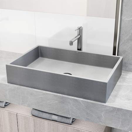 Vigo Orvieto Gothic 24" Rectangular Concrete Vessel Bathroom Sink with 1.2 GPM 11" Deck Mounted Bathroom Faucet and Pop-Up Drain Assembly Brushed Nickel
