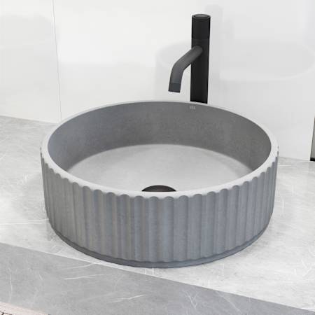 Vigo Windsor 16" Circular Concrete Vessel Bathroom Sink with 1.2 GPM 12" Deck Mounted Bathroom Faucet and Pop-Up Drain Assembly Matte Black