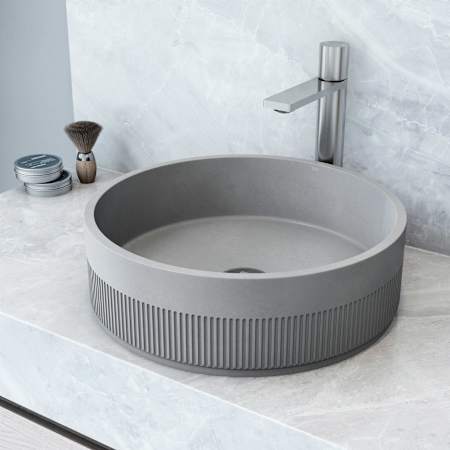 Vigo Cypress 16" Circular Concrete Vessel Bathroom Sink with 1.2 GPM 11" Deck Mounted Bathroom Faucet and Pop-Up Drain Assembly Brushed Nickel