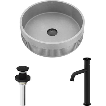 Vigo Cypress 16" Circular Concrete Vessel Bathroom Sink with 1.2 GPM 12" Deck Mounted Bathroom Faucet and Pop-Up Drain Assembly Matte Black