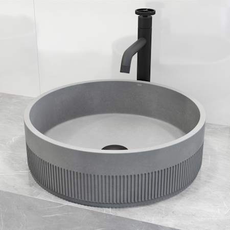 Vigo Cypress 16" Circular Concrete Vessel Bathroom Sink with 1.2 GPM 12" Deck Mounted Bathroom Faucet and Pop-Up Drain Assembly Matte Black