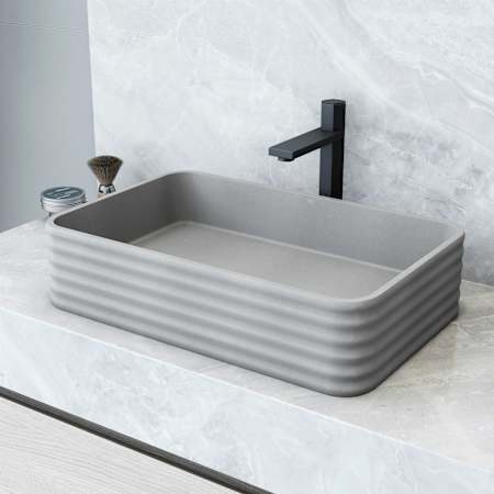 Vigo Cadman 21" Rectangular Concrete Vessel Bathroom Sink with 1.2 GPM 11" Deck Mounted Bathroom Faucet and Pop-Up Drain Assembly Matte Black