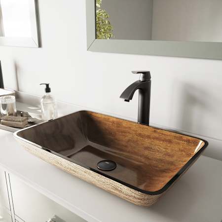 Vigo Donatello 23" Rectangular Glass Vessel Bathroom Sink with 1.2 GPM 13" Deck Mounted Bathroom Faucet and Pop-Up Drain Assembly Light Wood