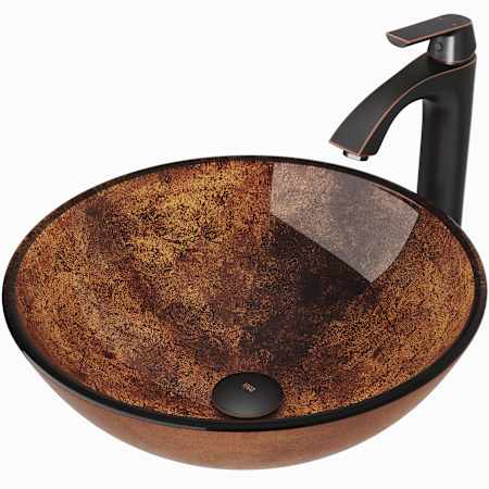 Vigo Giovanni 17" Circular Glass Vessel Bathroom Sink with 1.2 GPM 11" Deck Mounted Bathroom Faucet and Pop-Up Drain Assembly Antique Rubbed Bronze