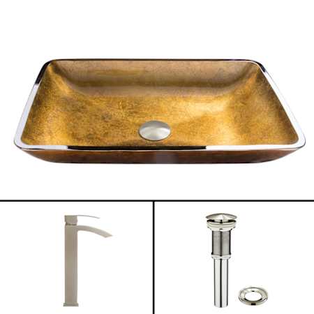 Vigo Donatello 22" Rectangular Glass Vessel Bathroom Sink with 1.2 GPM 12" Deck Mounted Bathroom Faucet and Pop-Up Drain Assembly Brushed Nickel