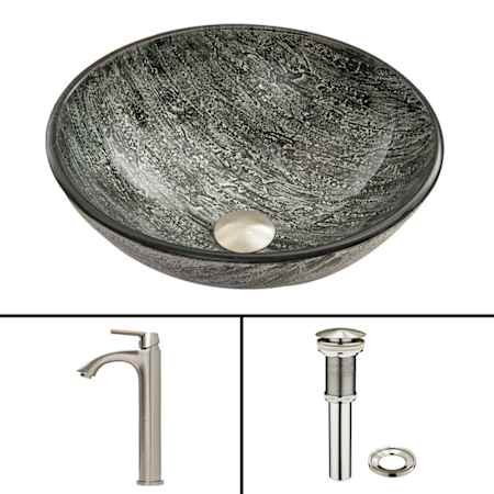Vigo Giovanni 17" Circular Glass Vessel Bathroom Sink with 1.2 GPM 11" Deck Mounted Bathroom Faucet and Pop-Up Drain Assembly Brushed Nickel
