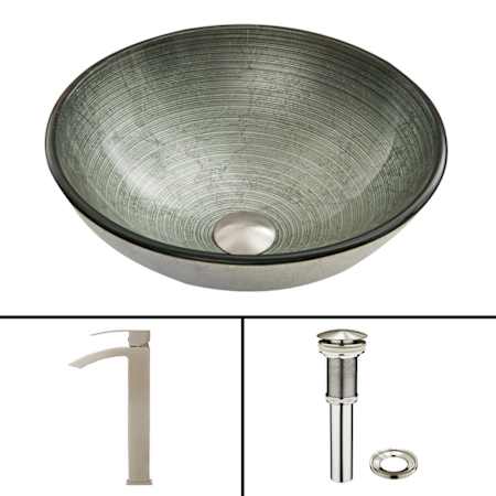 Vigo Giovanni 17" Circular Glass Vessel Bathroom Sink with 1.2 GPM 12" Deck Mounted Bathroom Faucet and Pop-Up Drain Assembly Brushed Nickel