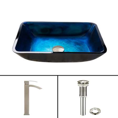 Vigo Donatello 18" Rectangular Glass Vessel Bathroom Sink with 1.2 GPM 12" Deck Mounted Bathroom Faucet and Pop-Up Drain Assembly PVD Brushed Nickel