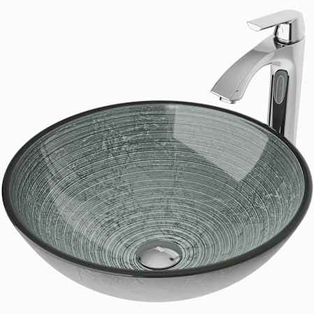 Vigo Giovanni 17" Circular Glass Vessel Bathroom Sink with 1.2 GPM 11" Deck Mounted Bathroom Faucet and Pop-Up Drain Assembly Chrome