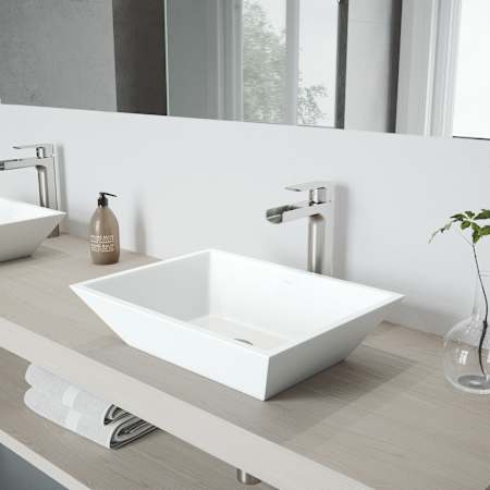 Vigo Vinca 18" Rectangular Stone Composite Vessel Bathroom Sink with 1.2 GPM Waterfall 11" H Deck Mounted Bathroom Faucet and Pop-Up Drain Assembly Brushed Nickel