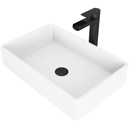 Vigo Magnolia 21" Rectangular Stone Composite Vessel Bathroom Sink with 1.2 GPM Waterfall 11" H Deck Mounted Bathroom Faucet and Pop-Up Drain Assembly Matte Black