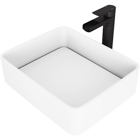 Vigo Jasmine 18" Rectangular Stone Composite Vessel Bathroom Sink with 1.2 GPM Waterfall 11" H Deck Mounted Bathroom Faucet and Pop-Up Drain Assembly Matte Black