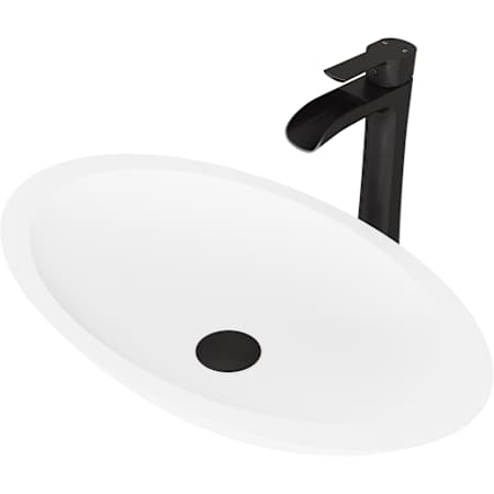 Vigo Wisteria 23" Oval Stone Composite Vessel Bathroom Sink with 1.2 GPM Waterfall 11" H Deck Mounted Bathroom Faucet and Pop-Up Drain Assembly Matte Black
