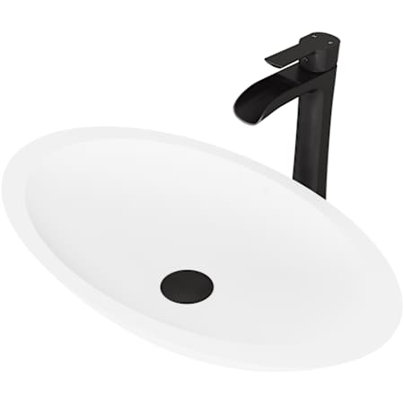 Vigo Wisteria 23" Oval Stone Composite Vessel Bathroom Sink with 1.2 GPM Waterfall 11" H Deck Mounted Bathroom Faucet and Pop-Up Drain Assembly Matte Black
