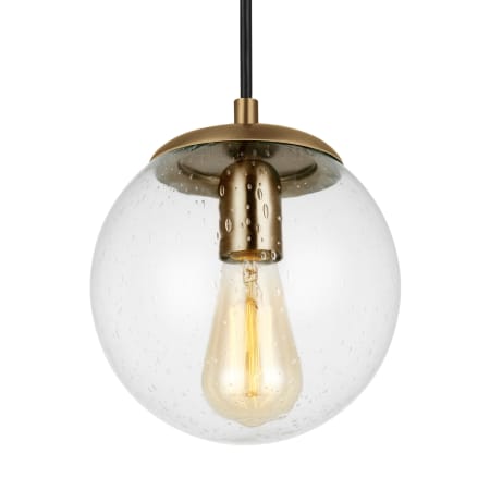 Visual Comfort Leo 8" Wide Mini Pendant with Clear, Seedy Glass Shade Satin Brass