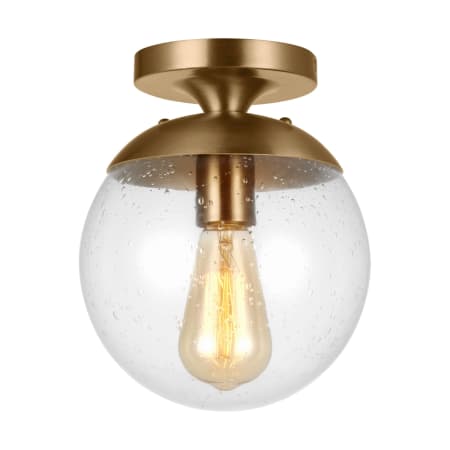 Visual Comfort Leo 8" Wide Semi-Flush Globe Ceiling Fixture with Clear, Seedy Glass Shade Satin Brass