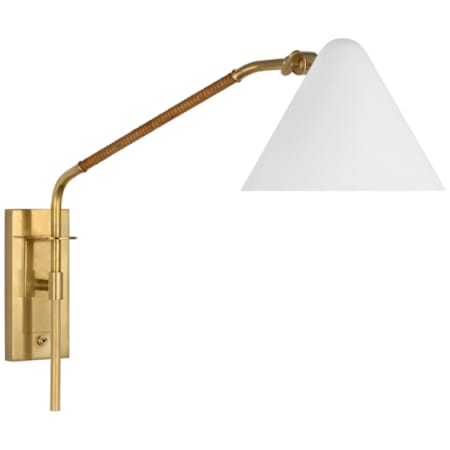 Visual Comfort Laken 17" Tall Swing Arm Hardwired or Plug-In Wall Sconce with White Metal Shade Hand-Rubbed Antique Brass / Natural Rattan