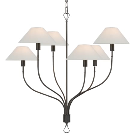 Visual Comfort Griffin 6 Light 37" Wide Chandelier with White Linen Shades Bronze / Chocolate Leather