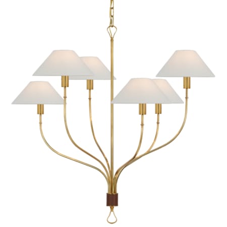 Visual Comfort Griffin 6 Light 37" Wide Chandelier with White Linen Shades Hand-Rubbed Antique Brass / Saddle Leather