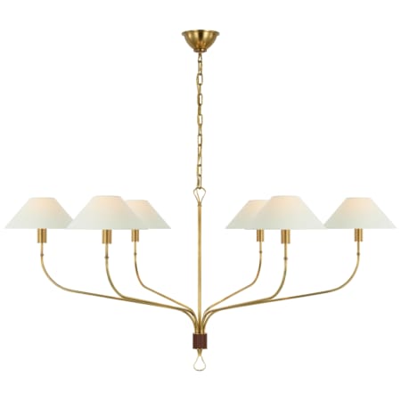 Visual Comfort Griffin 6 Light 42" Wide Chandelier with Includes White Linen Shades Hand-Rubbed Antique Brass / Saddle Leather