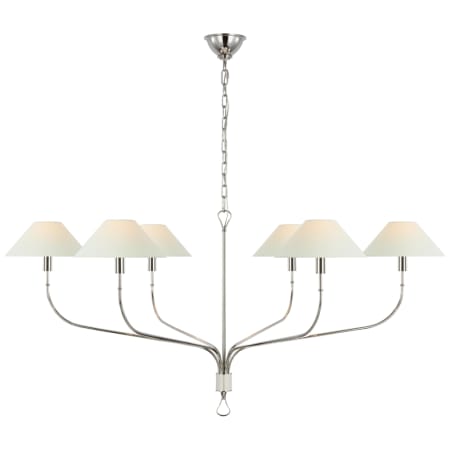 Visual Comfort Griffin 6 Light 42" Wide Chandelier with Includes White Linen Shades Polished Nickel / Parchment Leather