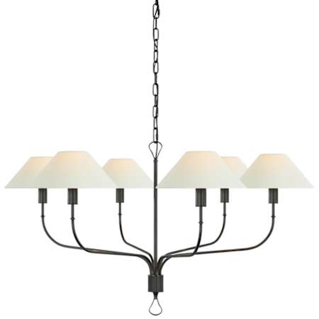 Visual Comfort Griffin 6 Light 56" Wide Chandelier with White Linen Shades Bronze / Chocolate Leather